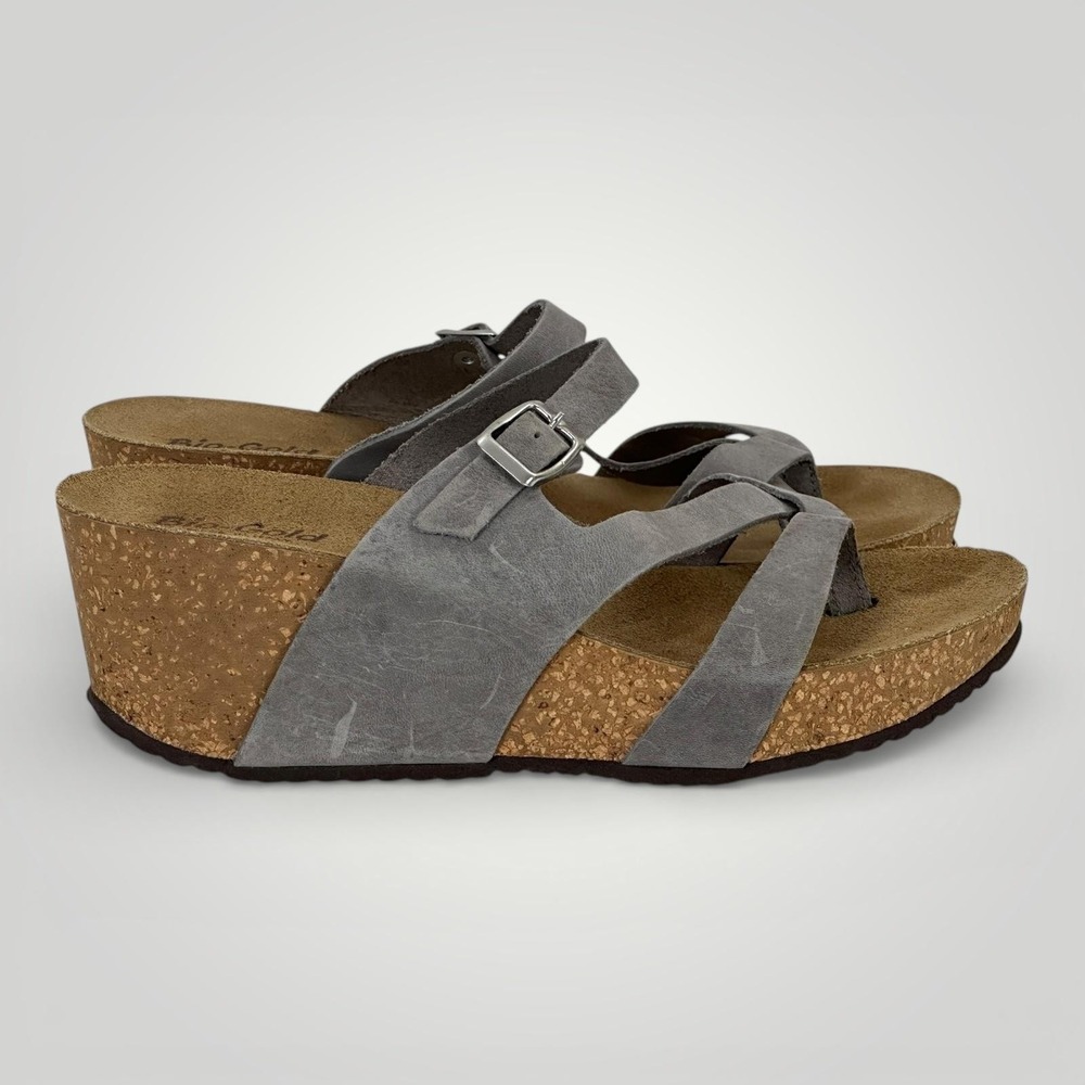 Bio-Gold Gray Suede Cork Wedge Sandals Womens 8 Italy Thong Comfort Shoes - Picture 4 of 14